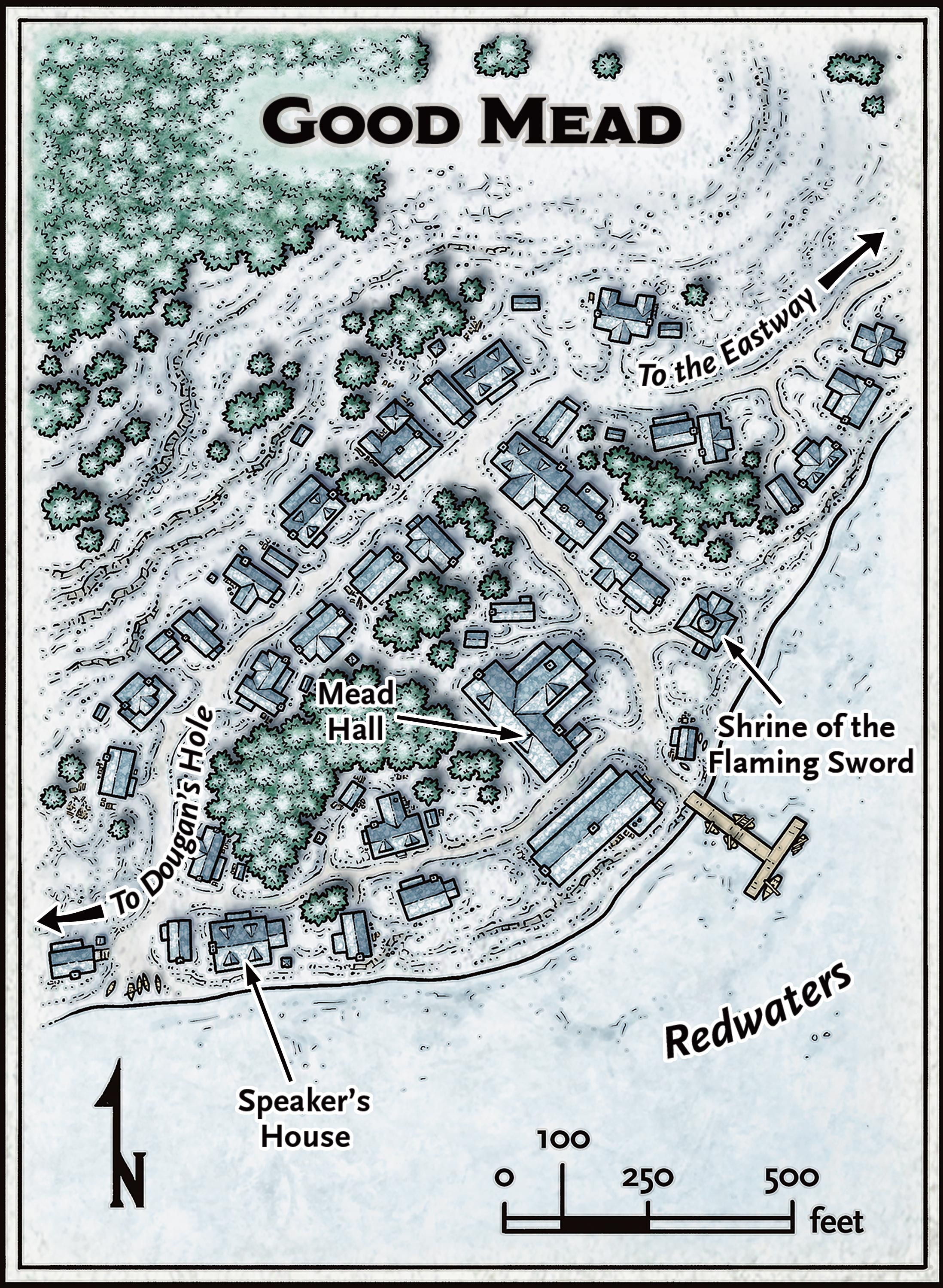 Map of Good Mead settlement showing town layout, streets, and notable buildings